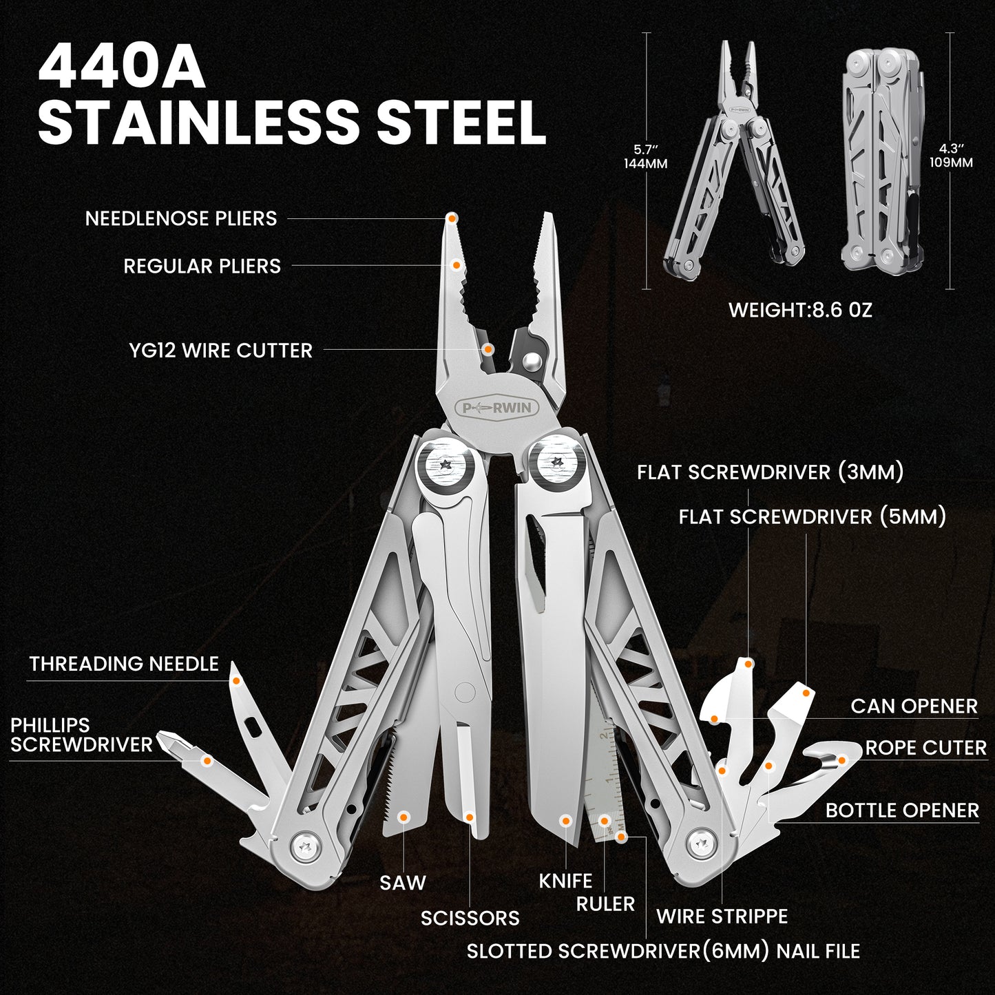 Multitool, 15-in-1 Stainless Steel Multi Tool Pliers with Self-Locking for Survival, Camping, Pocket Knife, Nylon Sheath, Professional (EDC) Multi-Tool for Hunting, Hiking, Simple Repair