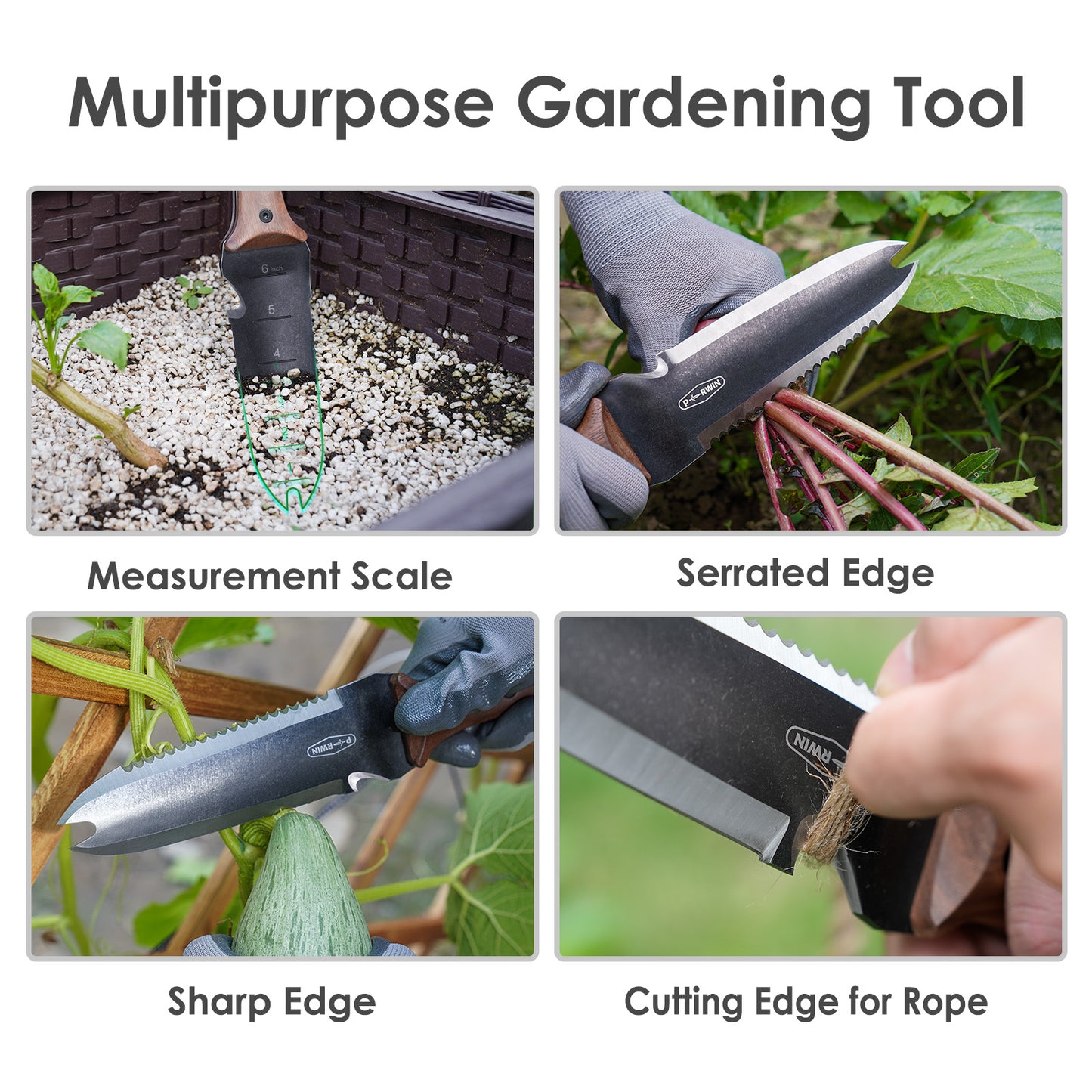 PERWIN Hori Hori Garden Knife, Gardening Tools for Weeding,Planting,Digging, Cherry Wood Handle
