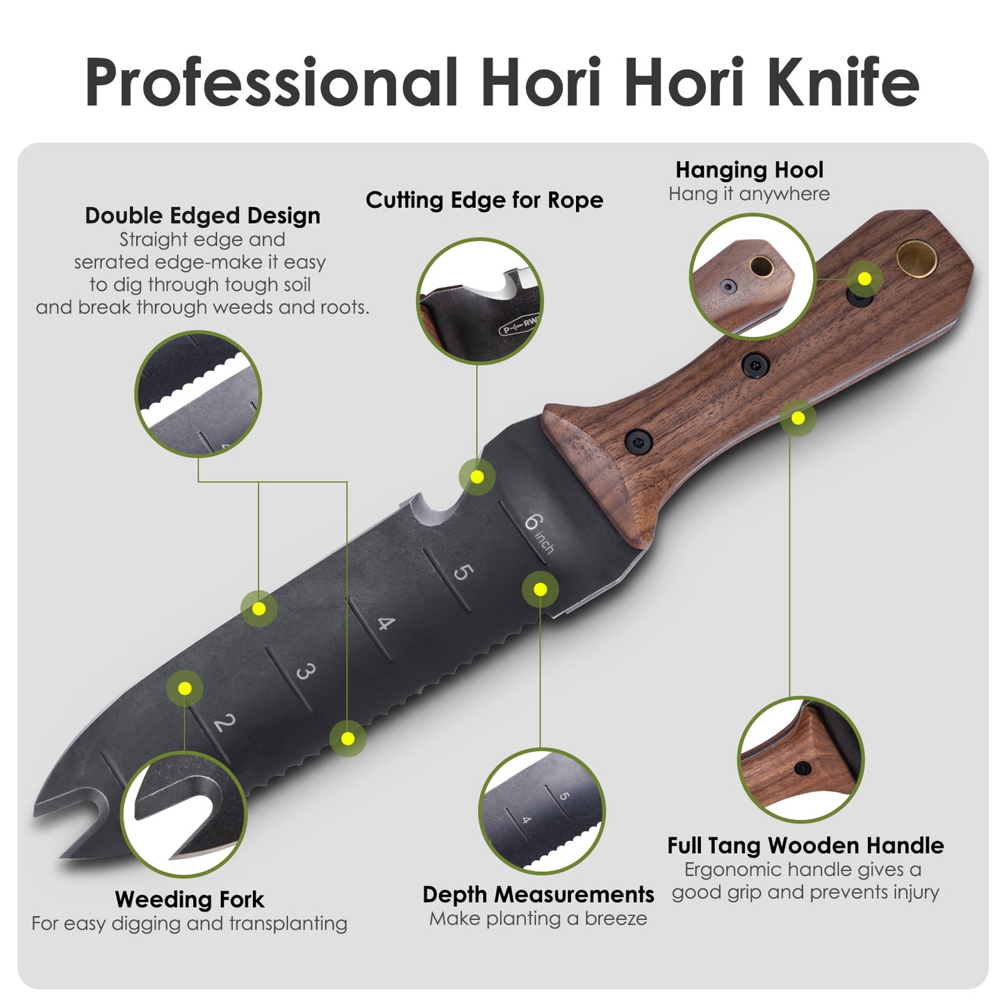 PERWIN Hori Hori Garden Knife, Gardening Tools for Weeding,Planting,Digging, Cherry Wood Handle