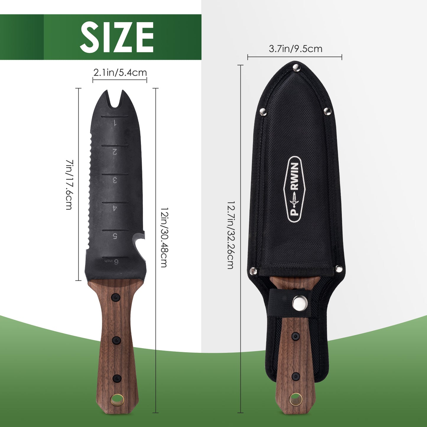 Hori Hori Garden Knife, Garden Tools with Sheath for Weeding,Planting,Digging, 7" Stainless Steel Blade with Cutting Edge, Cherry Wood Handle with Hanging Hole