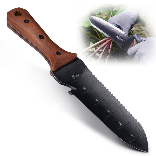 PERWIN Hori Hori Garden Knife, Gardening Tools for Weeding,Planting,Digging, Cherry Wood Handle