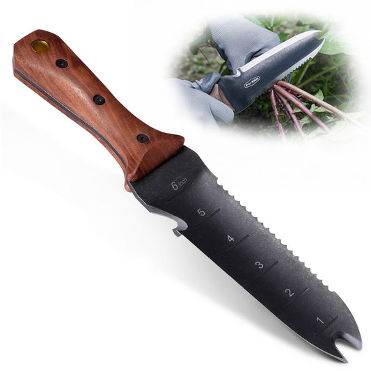 Hori Hori Garden Knife, Garden Tools with Sheath for Weeding,Planting,Digging, 7" Stainless Steel Blade with Cutting Edge, Cherry Wood Handle with Hanging Hole